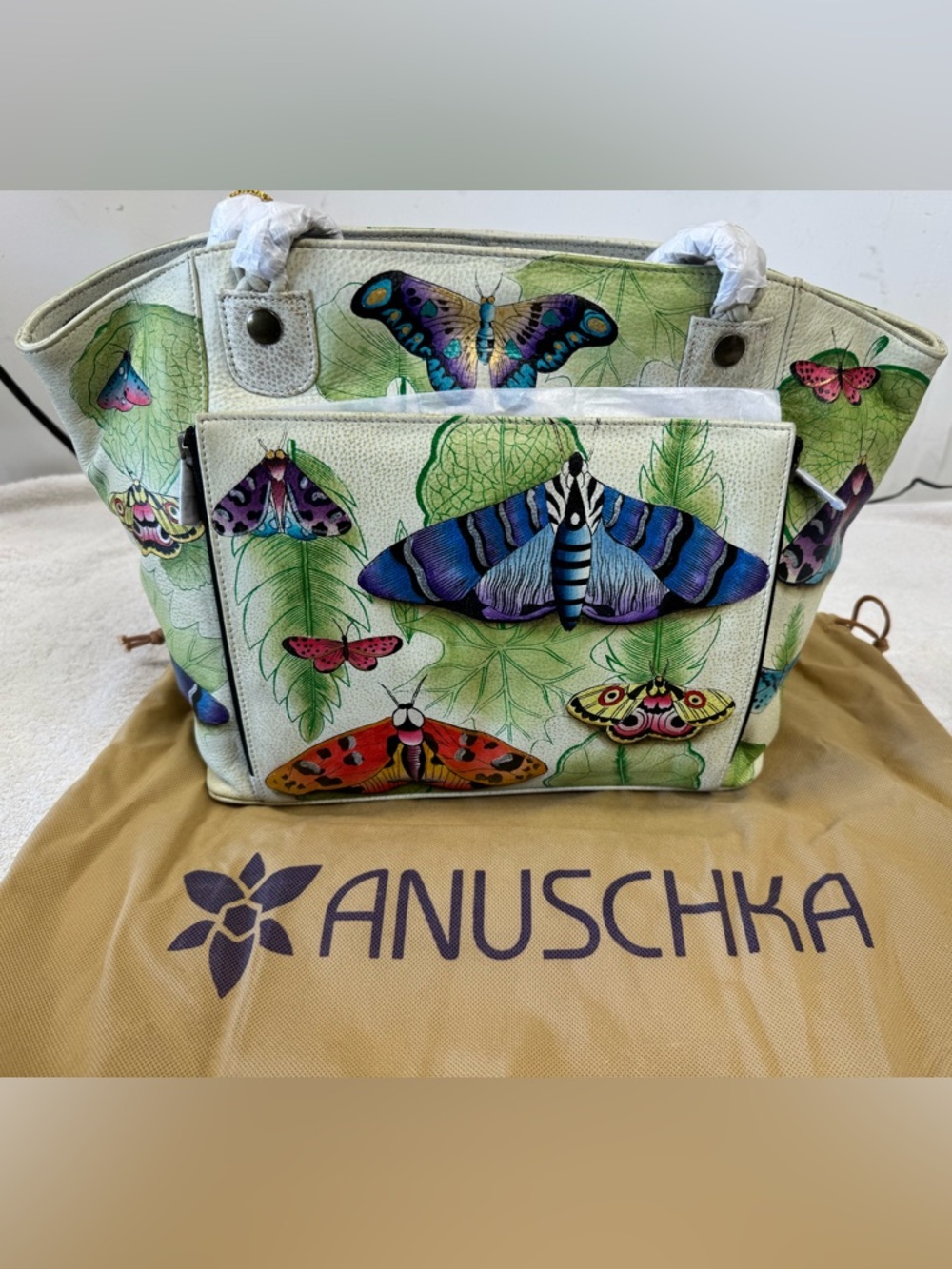 Anuschka Cream Hand-Painted Butterfly & Moth Tote